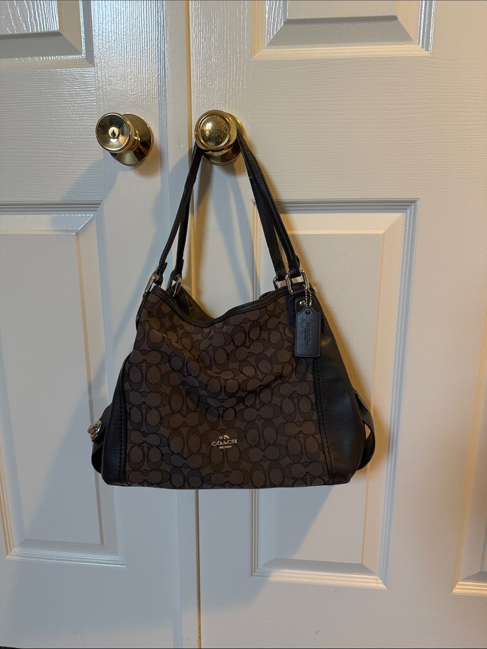 Coach Brown Signature Canvas Shoulder Bag with Black Trim